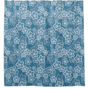blue with white, blue, flowers, floral, rustic, fa shower curtain