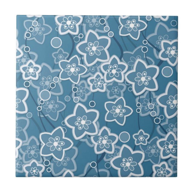 blue with white, blue, flowers, floral, rustic, fa tile (Front)