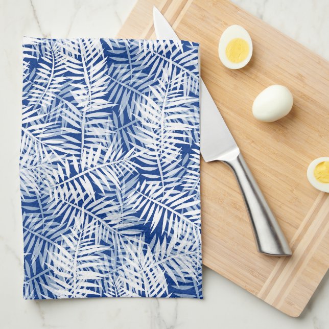 Blue with white tropical pattern tea towel (Quarter Fold)