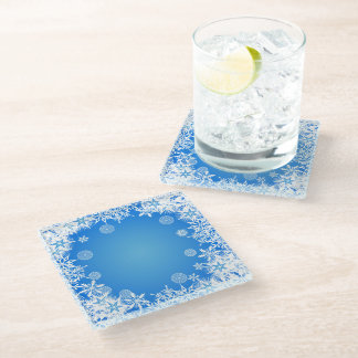 BLUE WITH WREATH OF WHITE WINTER SNOWFLAKES GLASS COASTER