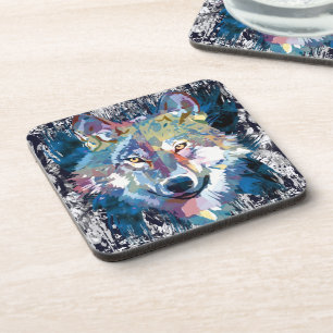 Blue Wolf Beverage Coaster Colourful Wolf Drawin
