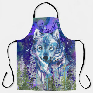 Blue Wolf   Colourful Wolf Drawing   Abstract Art Apron