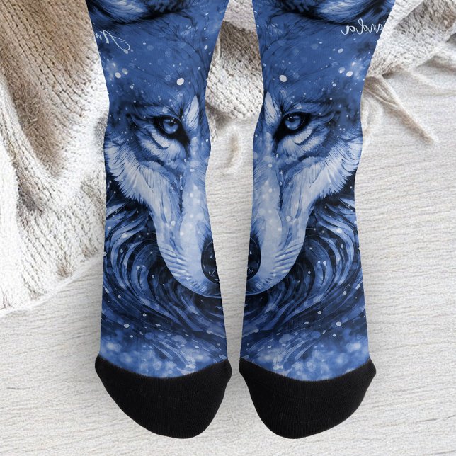 Blue Wolf Cosmic Celestial Sky Stars Personalised Socks (Blue Wolf Cosmic Celestial Sky Stars Personalized Socks)