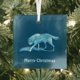 Blue Wolf Glass Tree Decoration