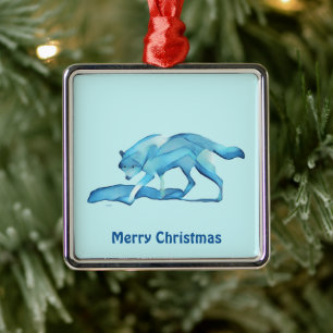 Blue Wolf On Snow Metal Tree Decoration
