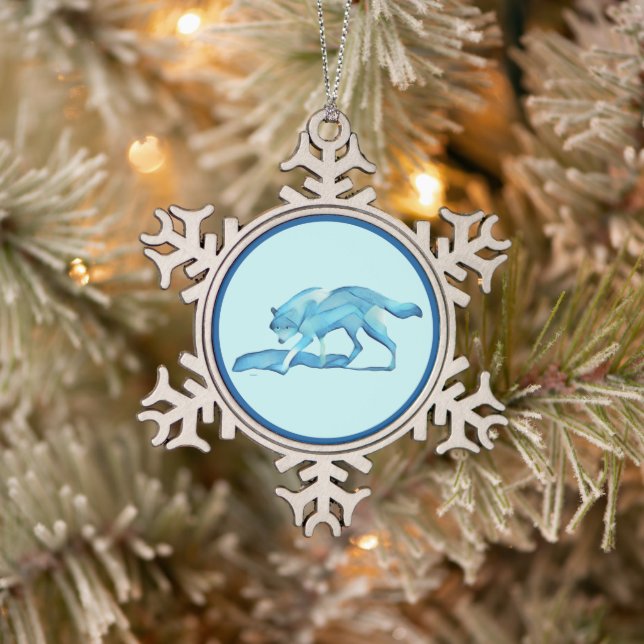 Blue Wolf On Snow Snowflake Pewter Christmas Ornament (Tree)