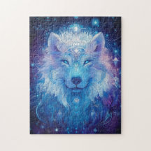 Blue wolf under magical starry sky