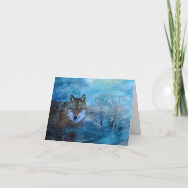 Blue Wolf Winter Forest Wildlife Painting Note Card (Front)