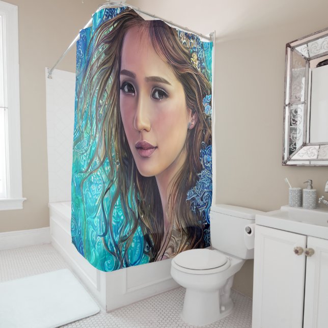 Blue Woman and The Waves | Abstract Art Shower Curtain (In Situ)