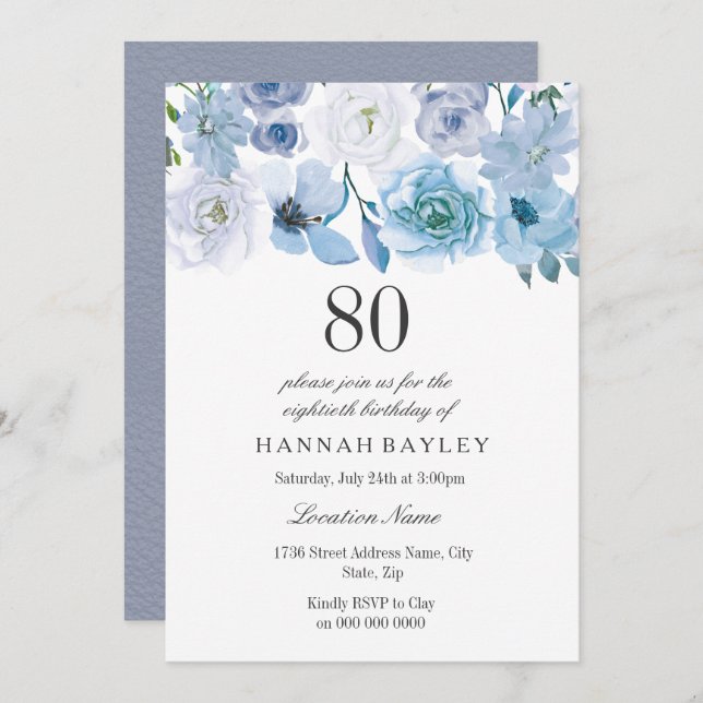 Blue Wonderland Grey Flower 80th Birthday Invite (Front/Back)