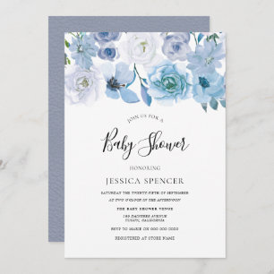 Blue Wonderland Grey Flower Baby Shower Invite
