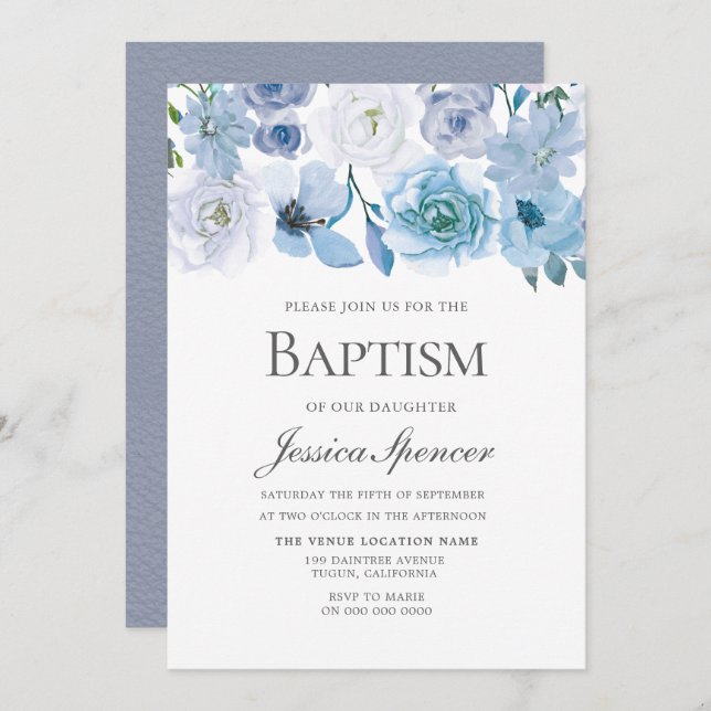 Blue Wonderland Grey Flower Baptism Invite (Front/Back)