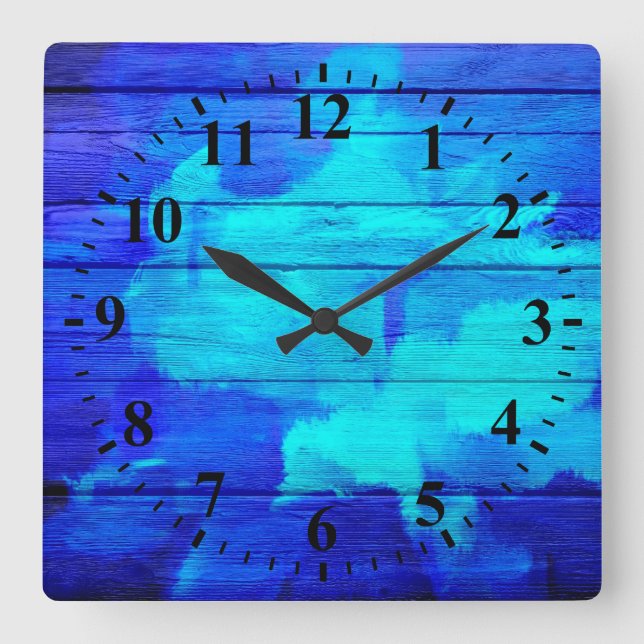 Blue Wood Abstract Painting Square Wall Clock (Front)
