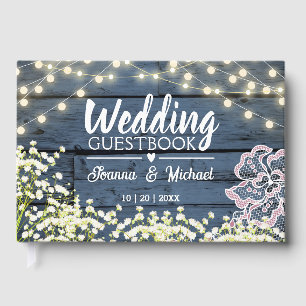 Blue Wood Baby's Breath Lights & Lace Wedding Guest Book