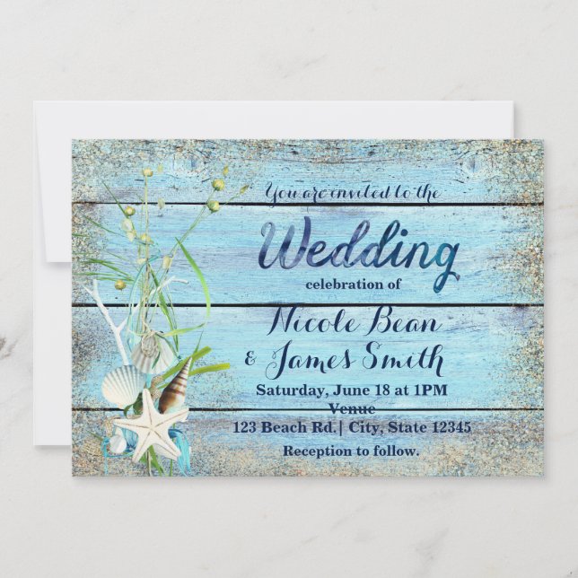 Blue Wood Beach Tropical WEDDING Invitation (Front)