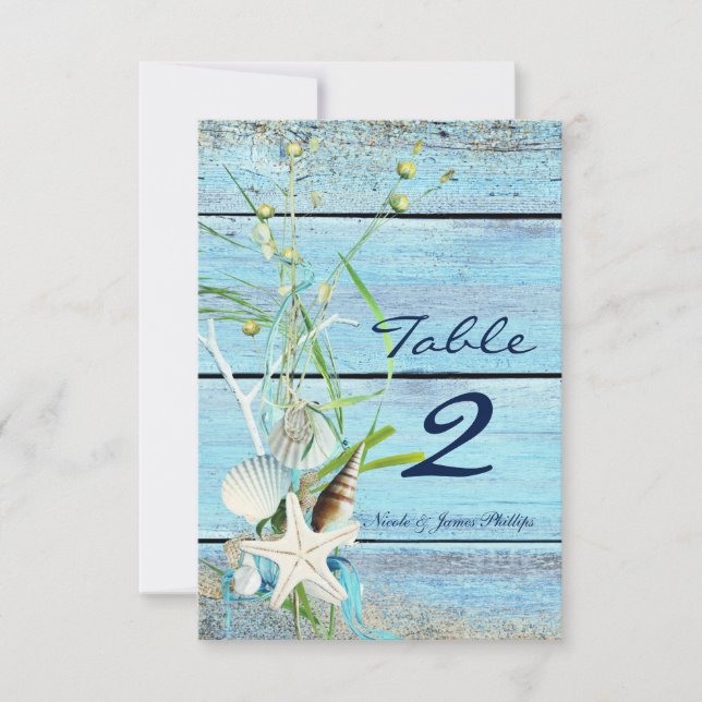 Blue Wood Beach Tropical Wedding Table Number Card (Front)