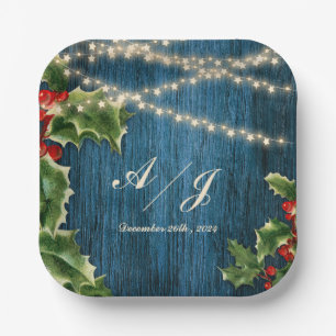 Blue Wood Berries Christmas wedding Party Paper Plate