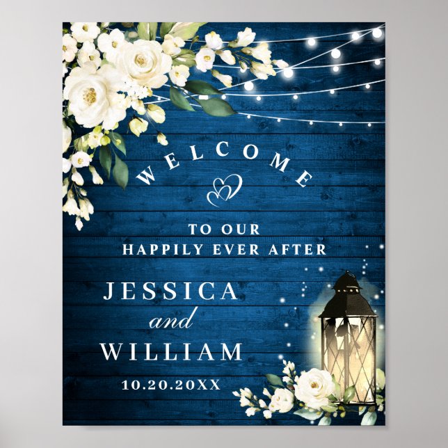 Blue Wood & Blush Roses Floral Wedding Welcome Poster (Front)