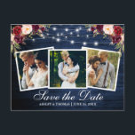 Blue Wood Burgundy Floral 3 Photo Save The Date Invitation Postcard<br><div class="desc">Rustic Blue Wood and String Lights 3 Photo Save The Date Engagement Announcement Postcard includes Watercolor Burgundy and Pink Blush Floral</div>