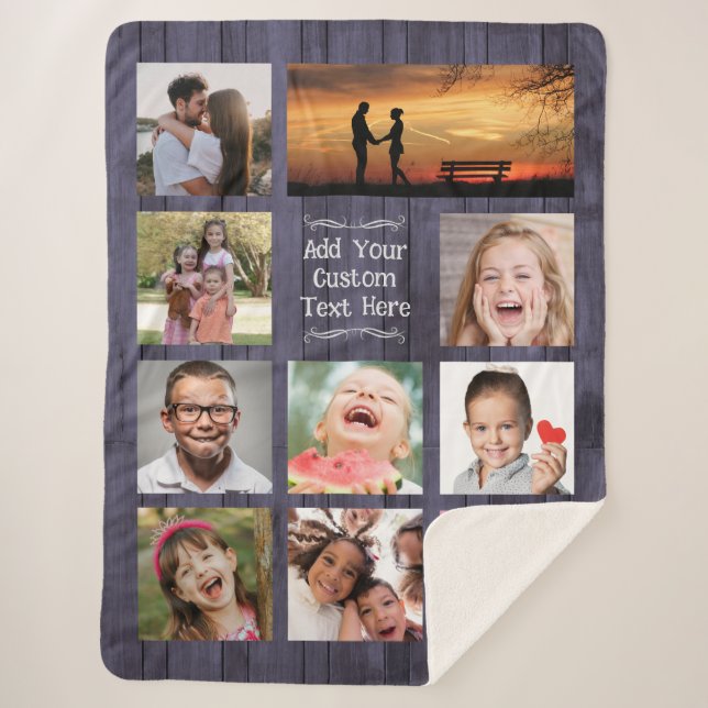 Blue Wood Custom Photo Collage with Text Sherpa Blanket (Front)