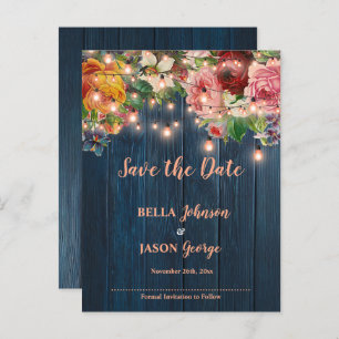 Blue Wood Floral Lights Wedding Save The Date Announcement Postcard