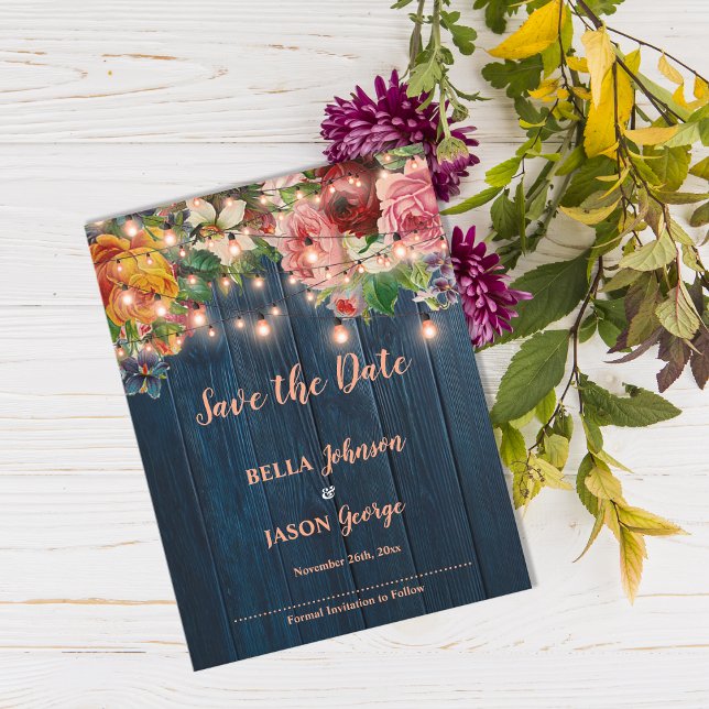Blue Wood Floral String Lights Save The Date Invitation Postcard (Blue Wood Floral String Lights Save The Date Invitation Postcard)