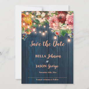 Blue Wood Floral String Lights Save The Date Magnetic Invitation