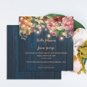 Blue Wood Floral String Lights Wedding Invitation