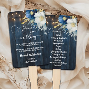 Blue Wood Floral Wedding Program Ceremony Hand Fan