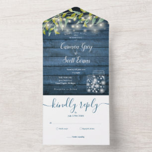Blue Wood Foliage String Lights Mason Jars Wedding All In One Invitation