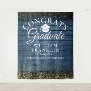 Blue Wood Gold Glitter Graduation Photo Backdrop Tapestry