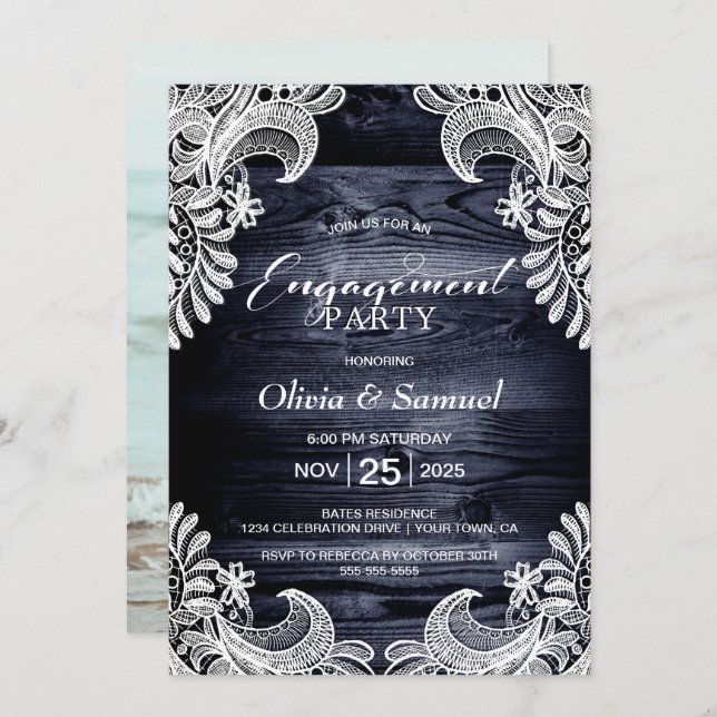 Blue Wood Lace Custom Photo Engagement Party Invitation (Front/Back)