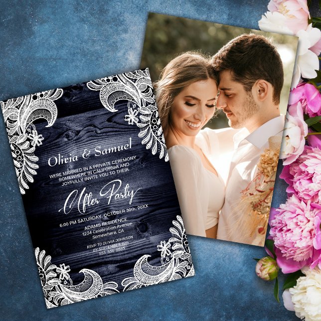 Blue Wood Lace Custom Photo Wedding After Party Invitation (Creator Uploaded)
