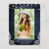 Blue Wood Lace Lights Graduation Announcement