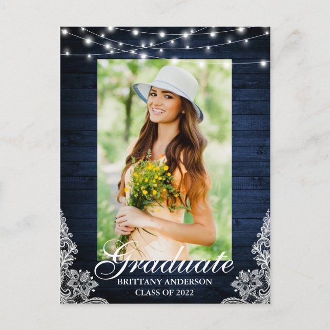 Blue Wood Lace Lights Graduation Announcement Postcard (Front)