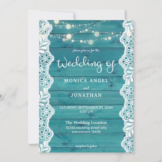 Blue Wood & Lace & String Lights Wedding Invitation (Front)