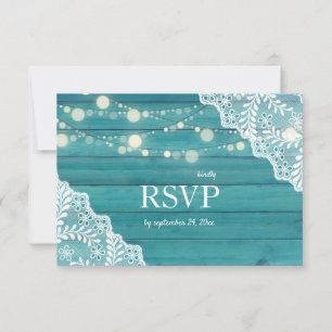 Blue Wood Lace & String Lights Wedding w/ Meal RSVP Card