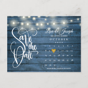 Blue Wood Lights Calendar QR Code Save the Date Announcement Postcard