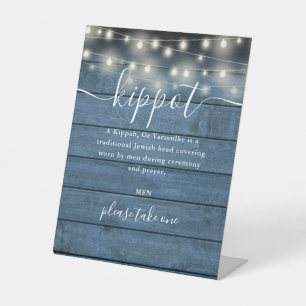 Blue Wood Lights Jewish Wedding Kippot Yarmulke Pedestal Sign