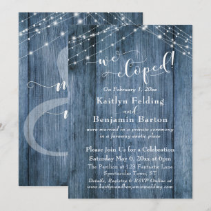 Blue Wood Lights We Eloped Typography, Reception Invitation
