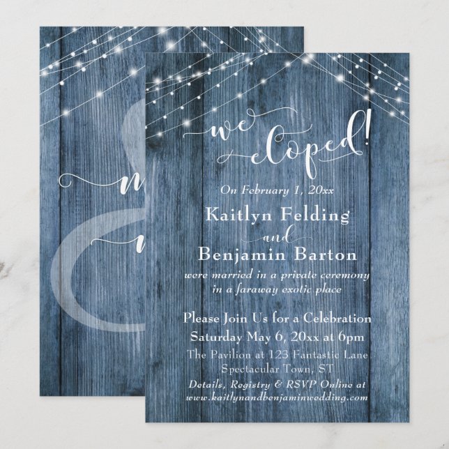 Blue Wood Lights We Eloped Typography, Reception Invitation (Front/Back)