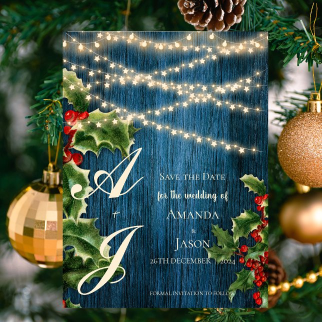 Blue Wood Monogram Christmas Wedding Save The Date Invitation Postcard (Blue Wood Monogram Christmas Wedding Save The Date Invitation Postcard)