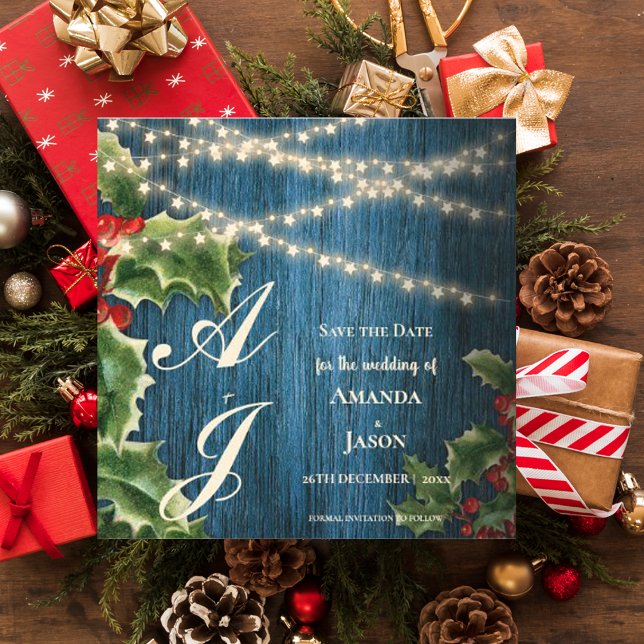 Blue Wood Monogram Christmas Wedding Save The Date Magnetic Invitation (Blue Wood Monogram Christmas Wedding Save The Date Magnetic Invitation)