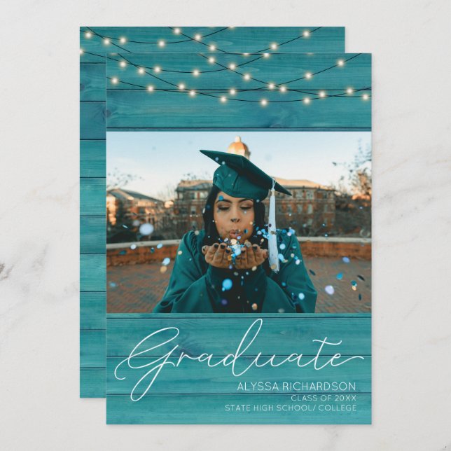 Blue Wood Photo Typography Graduation Announcemet Invitation (Front/Back)