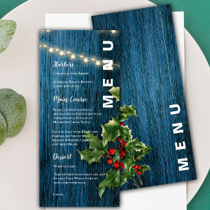 Blue Wood Red Berries Christmas Wedding Party Menu