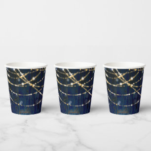 Blue Wood Rustic Sparkle Lights Wedding Paper Cups