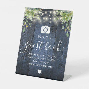 Blue Wood String Light Greenery Photo Guest Book Pedestal Sign