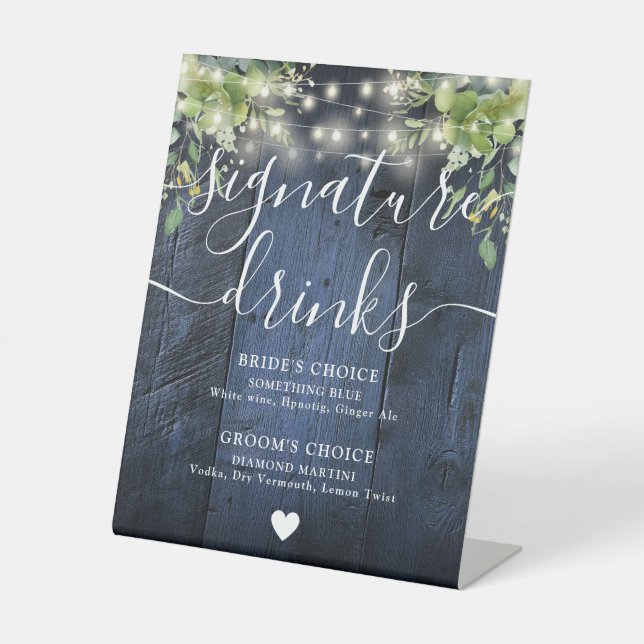 Blue Wood String Light Greenery Signature Drinks Pedestal Sign (Front)