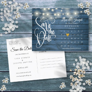 Blue Wood String Lights Calendar Save the Date Announcement Postcard