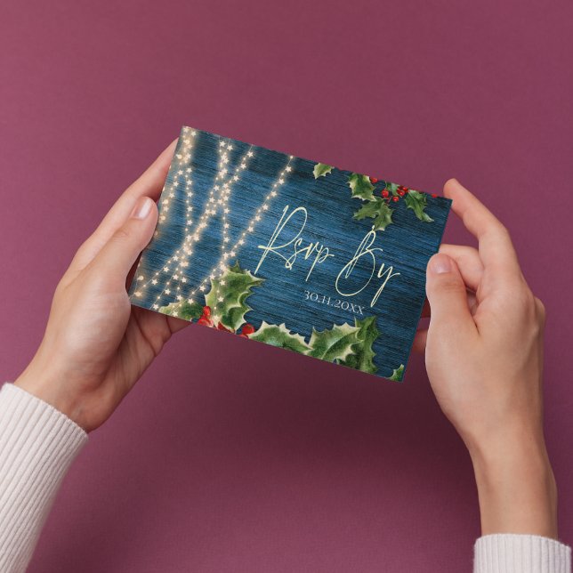 Blue Wood String Lights Christmas Wedding RSVP Card (Blue Wood String Lights Christmas Wedding RSVP )